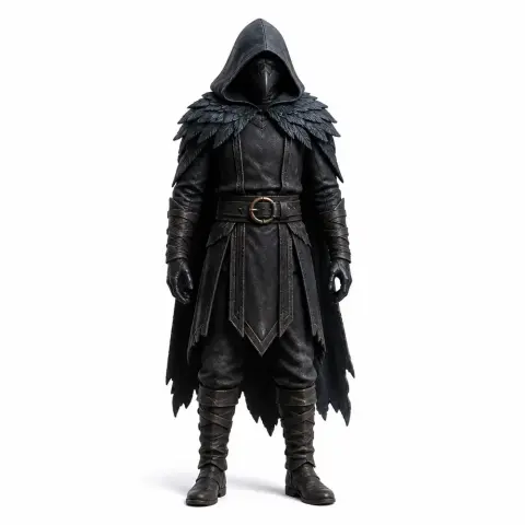 A hooded, cloaked figure in dark, detailed armor with feathered shoulders, standing in a composed pose.