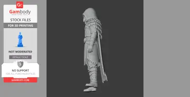 Side view of a hooded figurine with feathered shoulders, detailed attire, and boots, designed for 3D printing.