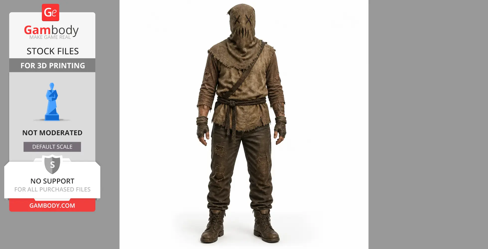 A cloaked figure in tattered brown attire with a stitched face covering, standing upright.