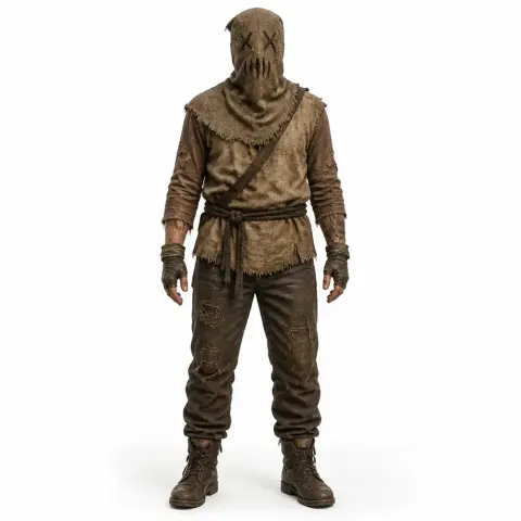 A rugged character in stitched attire with head covered, resembling a grim rustic figure for 3D printing.