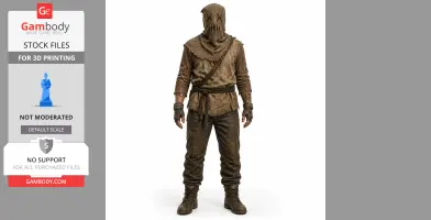 A cloaked figure in tattered brown attire with a stitched face covering, standing upright.