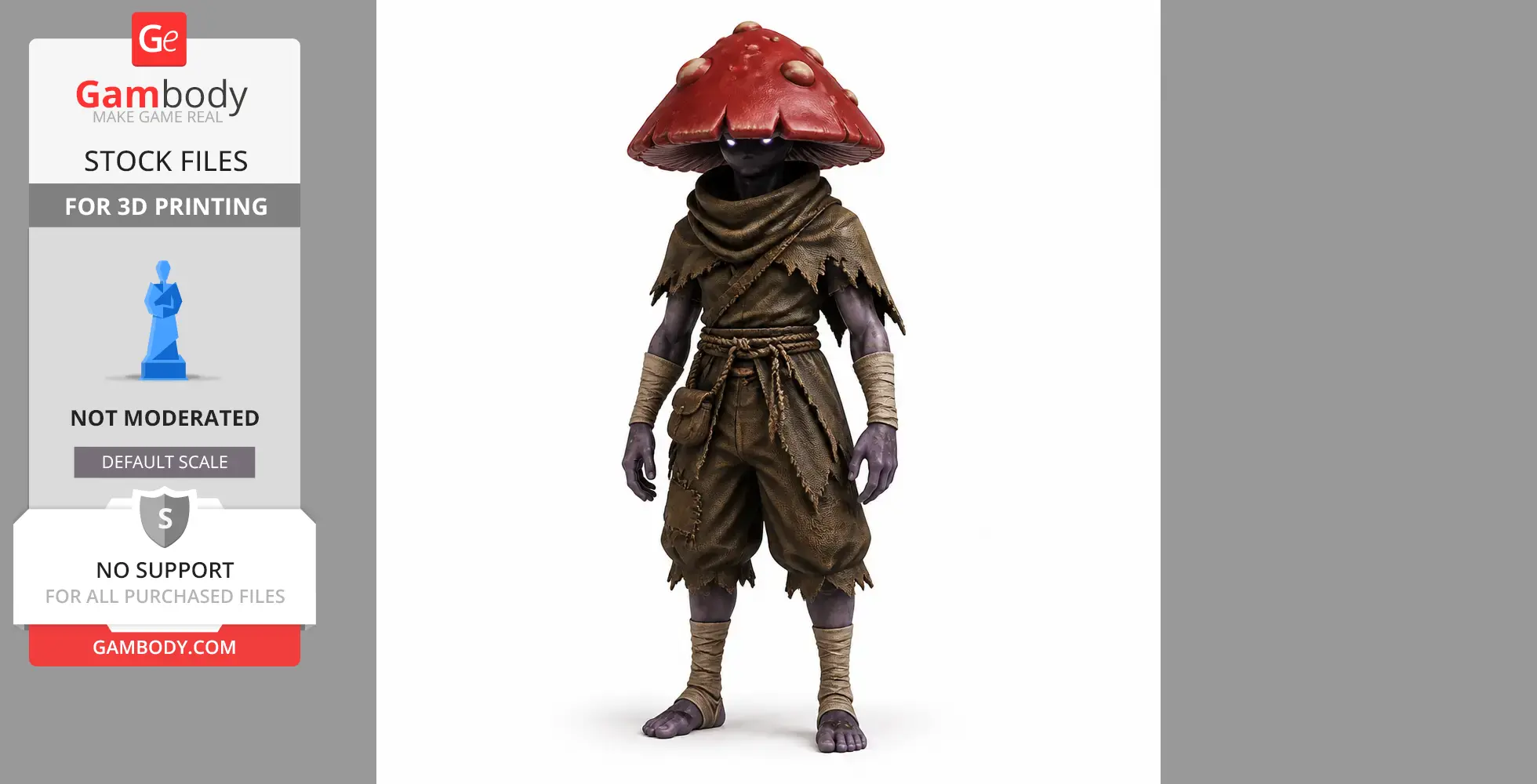 A humanoid figure with a mushroom cap head, wearing tattered clothing and wraps, suitable for 3D printing.