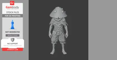A figurine of a character with a large mushroom cap head, wearing tattered clothes and a pouch.