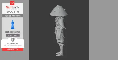 Side view of a mushroom-headed figurine with tattered clothing, ready for 3D printing.
