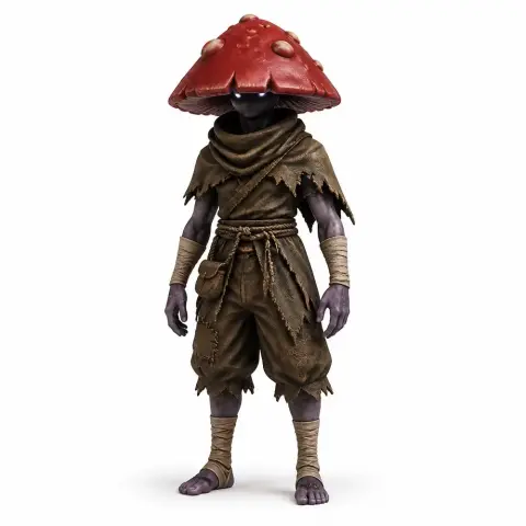 Figurine of humanoid character with a mushroom cap head, wearing tattered robes and wrapped limbs.