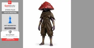 A humanoid figure with a mushroom cap head, wearing tattered clothing and wraps, suitable for 3D printing.