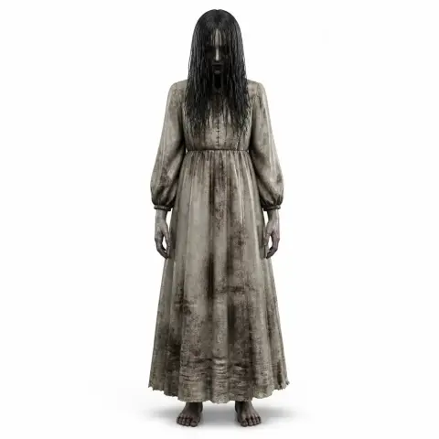 A ghostly figure with long dark hair and a worn dress, inspired by a horror-themed video game.