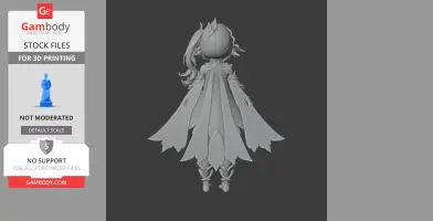 Back view of a detailed figurine with flowing hair and layered cape, designed for 3D printing.