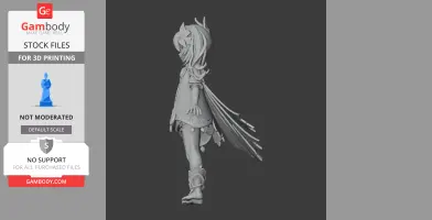 3D model of a character figurine with intricate outfit and flowing hair, designed for 3D printing.