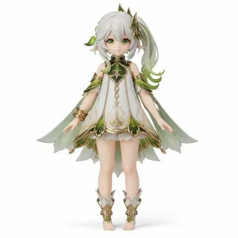 Figurine of a mystical character with long hair, leafy attire, and ornate golden accessories.