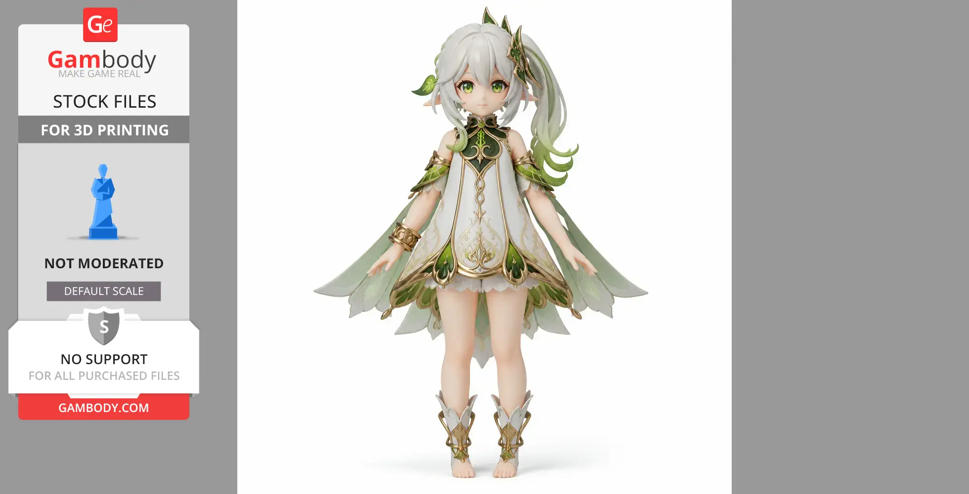3D model of a character figurine with green and white attire, detailed, designed for 3D printing.