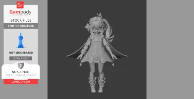 3D model of a small, ornate fantasy character with long hair and detailed clothing, ready for printing.