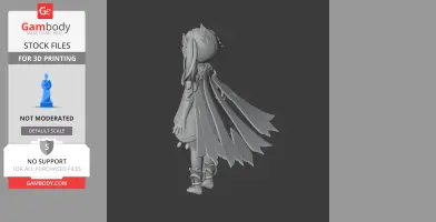 3D model of a character with long flowing hair and cape, designed for 3D printing.