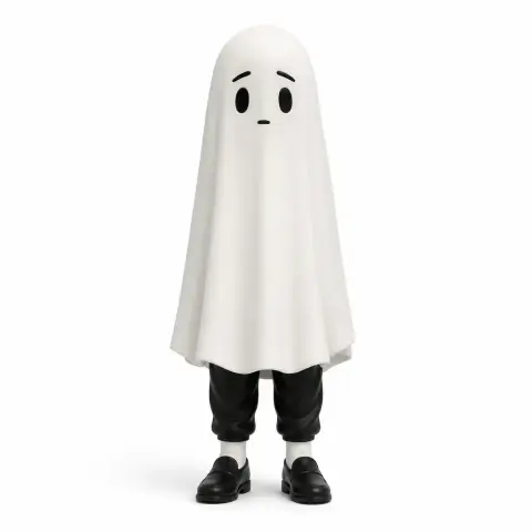 Ghost-like figure with a white sheet and sad eyes, wearing black pants and shoes.