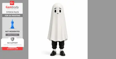 A ghostly figure with a white sheet, sad expression, black pants and shoes. Suitable for 3D printing.