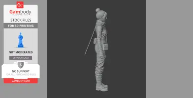 A detailed 3D model of a futuristic character in a suit, standing upright, with accessories and boots.