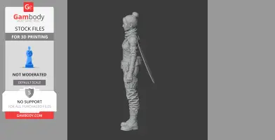 3D model of a standing, armored character with a sword on the back, designed for 3D printing.
