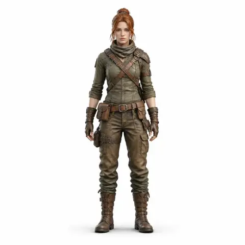 A female warrior in tactical gear with utility belts and gloves, posed confidently for a 3D printable model.