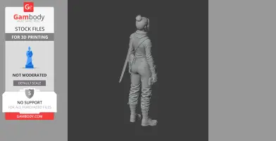 3D model of a standing character with a bun, wearing tactical gear and boots, viewed from the back.