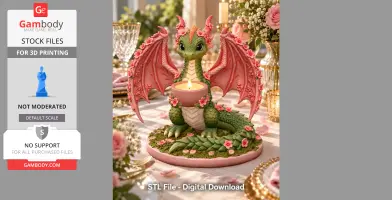 A whimsical dragon tealight holder adorned with cherry blossoms, holding a lit candle.