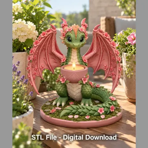 A cute dragon-themed tealight holder adorned with cherry blossoms, designed for 3D printing.
