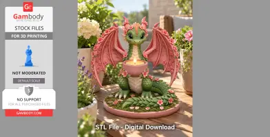 A cute dragon tealight holder adorned with cherry blossoms, set in a garden scene.