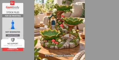 Whimsical treehouse organizer with leaf bowls, stairs, mushrooms, and flowers, designed for 3D printing.