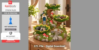 A whimsical treehouse organizer with leaf-shaped trays and a stone path, adorned with flowers and mushrooms.