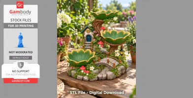 A whimsical treehouse organizer with leaf dishes, tiny house, toadstools, and a stone bridge.