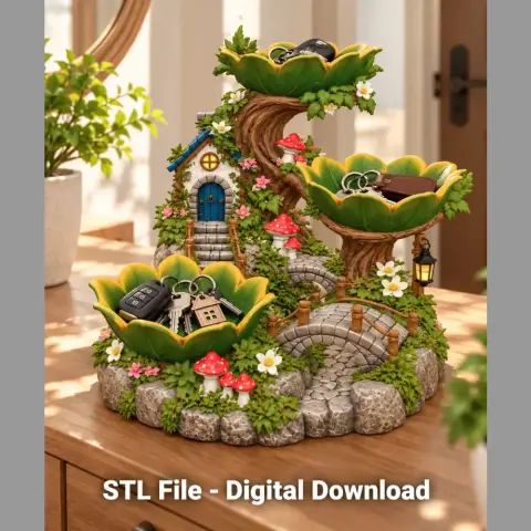 Whimsical treehouse organizer with leafy trays, stone path, and red mushrooms for keys and gadgets.