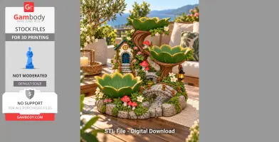 Whimsical treehouse organizer with leaf bowls, stone paths, and mushrooms for 3D printing.