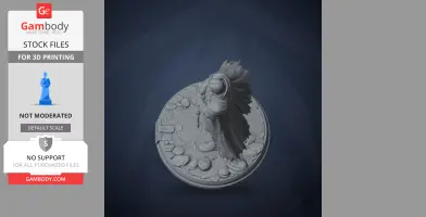 A detailed 3D model of a cloaked character with a sword, standing on a rocky circular base.