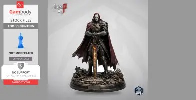 A warrior in dark armor with a flowing cape, holding a fiery sword, standing on a detailed rocky base.