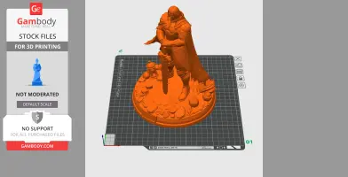 A cloaked warrior figure with a sword stands on a detailed base with scattered items.