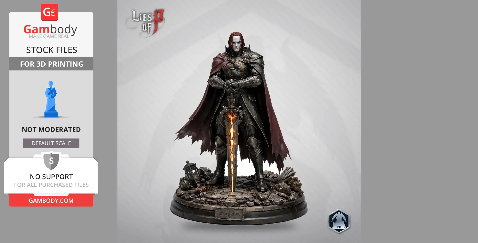 A warrior in dark armor with a flowing cape, holding a fiery sword, standing on a detailed rocky base.