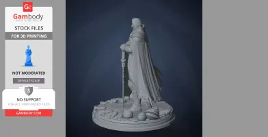 A cloaked character stands with a sword on a detailed base, facing left.