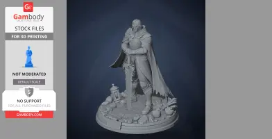 A cloaked character with a sword stands on a detailed base with medieval elements.