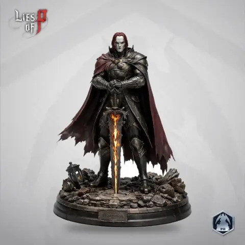 Armored character figure with fiery sword, long cape, and medieval attire on a rocky base.