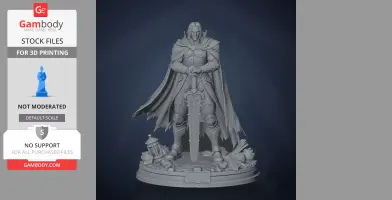 A knight figure in armor and cape stands on a detailed base, holding a sword downward.