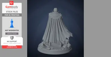 A detailed 3D model of a cloaked figure with torn edges, standing on a decorated base.