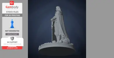 A detailed 3D model of a cloaked figure with a sword standing on a circular base.