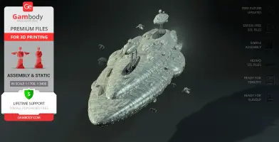 A detailed 3D model of the Home One Headquarters Frigate from Star Wars, surrounded by smaller ships.