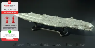 A detailed 3D model of the Home One Headquarters Frigate from Star Wars on a display stand.