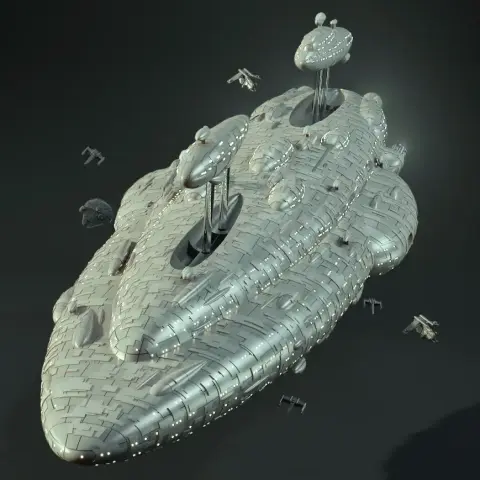 A detailed 3D model of a sci-fi spaceship with small vessels orbiting around it.