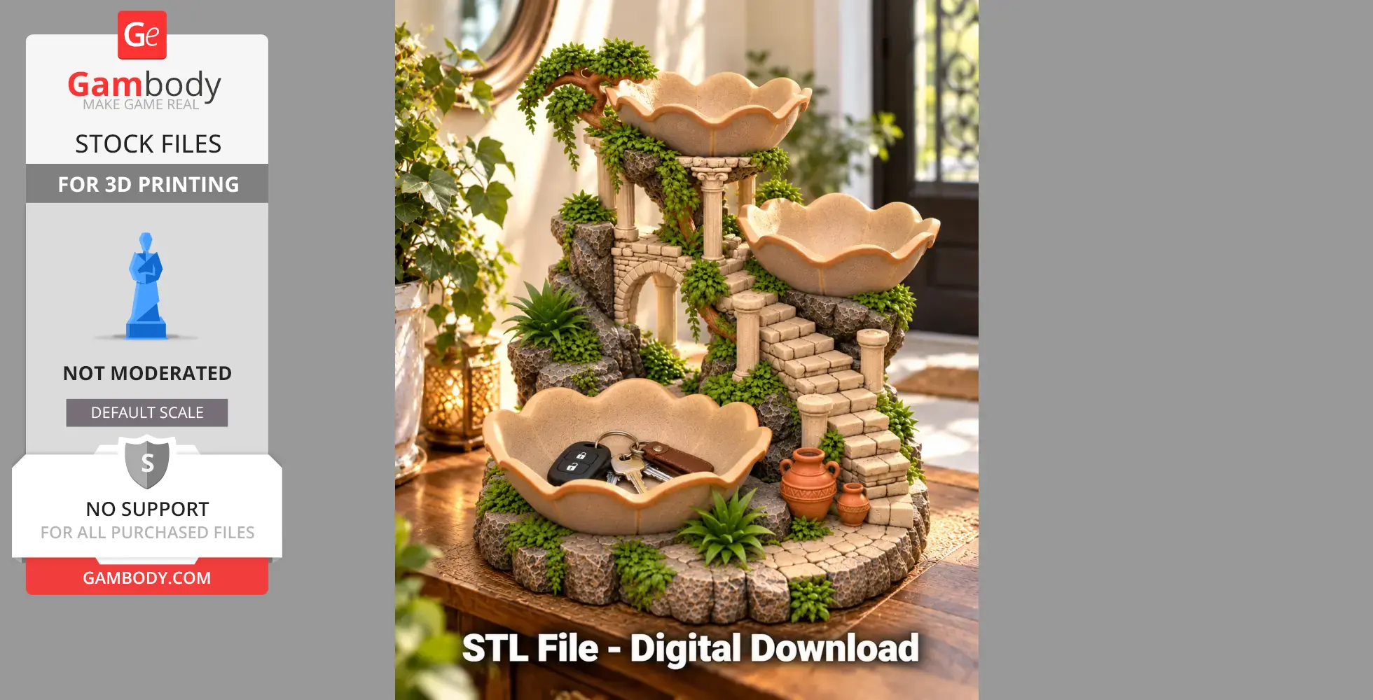 Fantasy garden-themed key organizer with tiered bowls, steps, and plants for 3D printing.