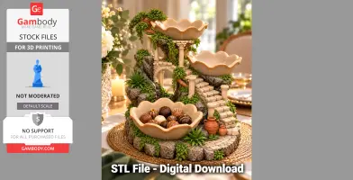 A decorative, tiered key organizer with stone stairs, plants, and bowl-shaped trays on a tabletop.