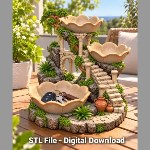 Fantasy garden-themed key organizer with stairs, arches, and ornate bowls for 3D printing.
