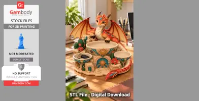 Colorful dragon-themed desk organizer with bowls and cactus details, designed for 3D printing.