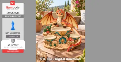 A colorful, winged dragon figurine perched on ornate bowls with cactus and floral accents.