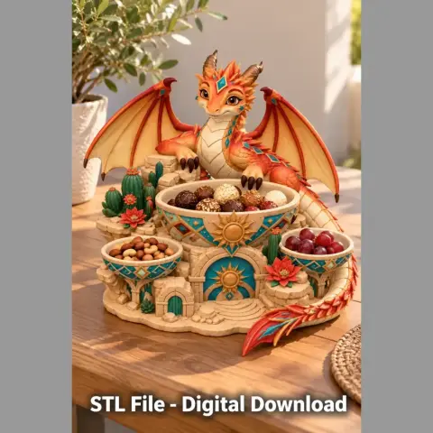 Colorful dragon-shaped organizer with wings, holding bowls for snacks, surrounded by plants.